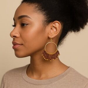 Chic Gold and Brown Beaded Hoop Earrings